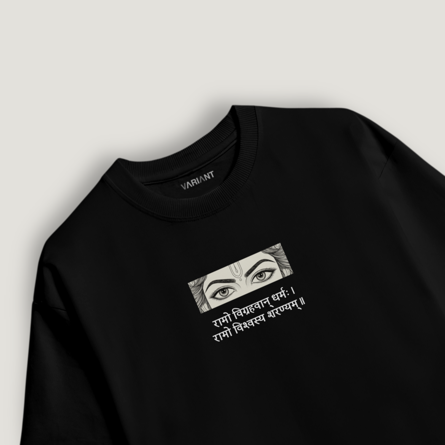 Black oversized tshirt with eye design and text on a light gray background
Ramayana T-shirt
shree ram tshirt, oversize 100% cotton
