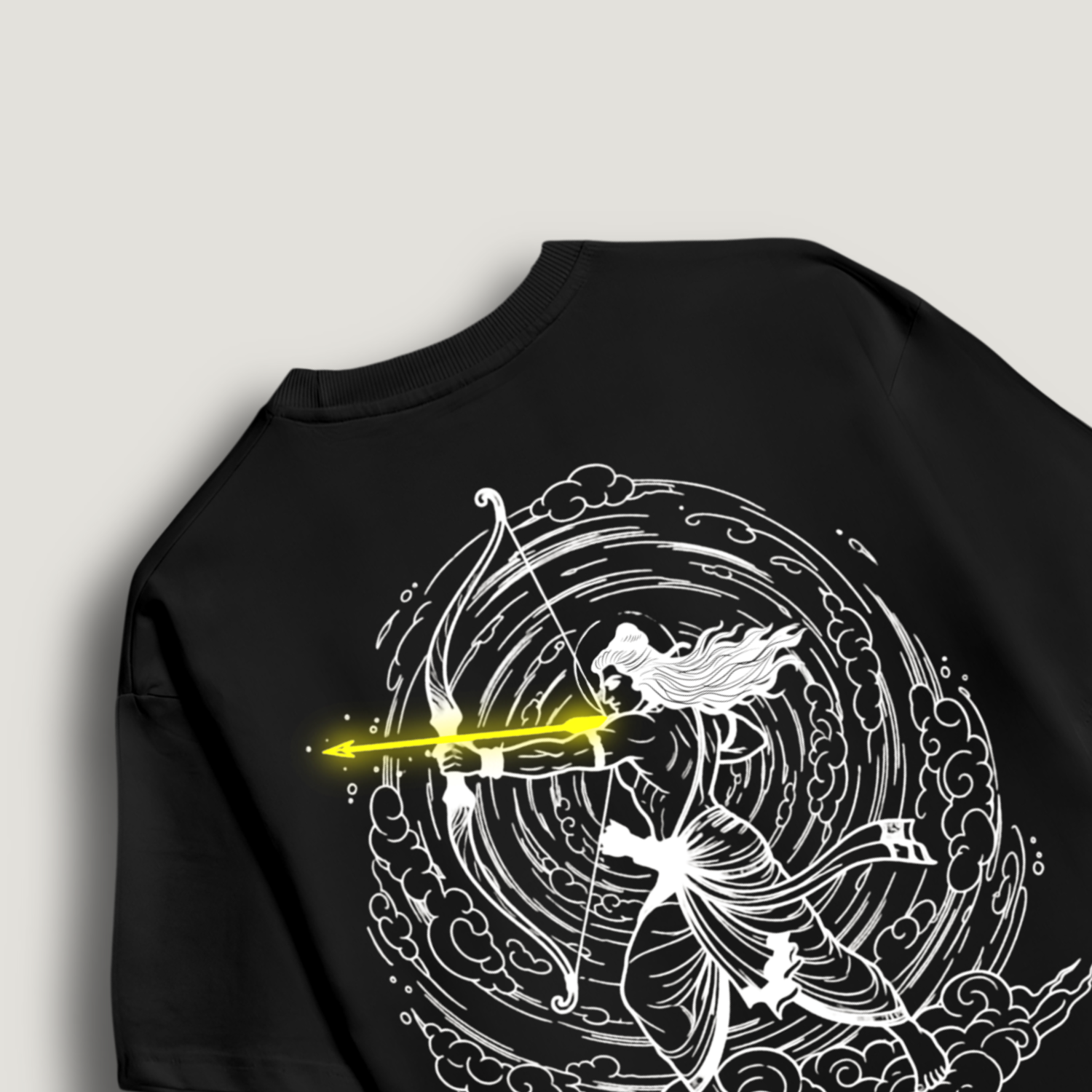 Ramayana T-shirt
Black t-shirt with white graphic design on a gray background
shree ram tshirt, oversize 100% cotton
