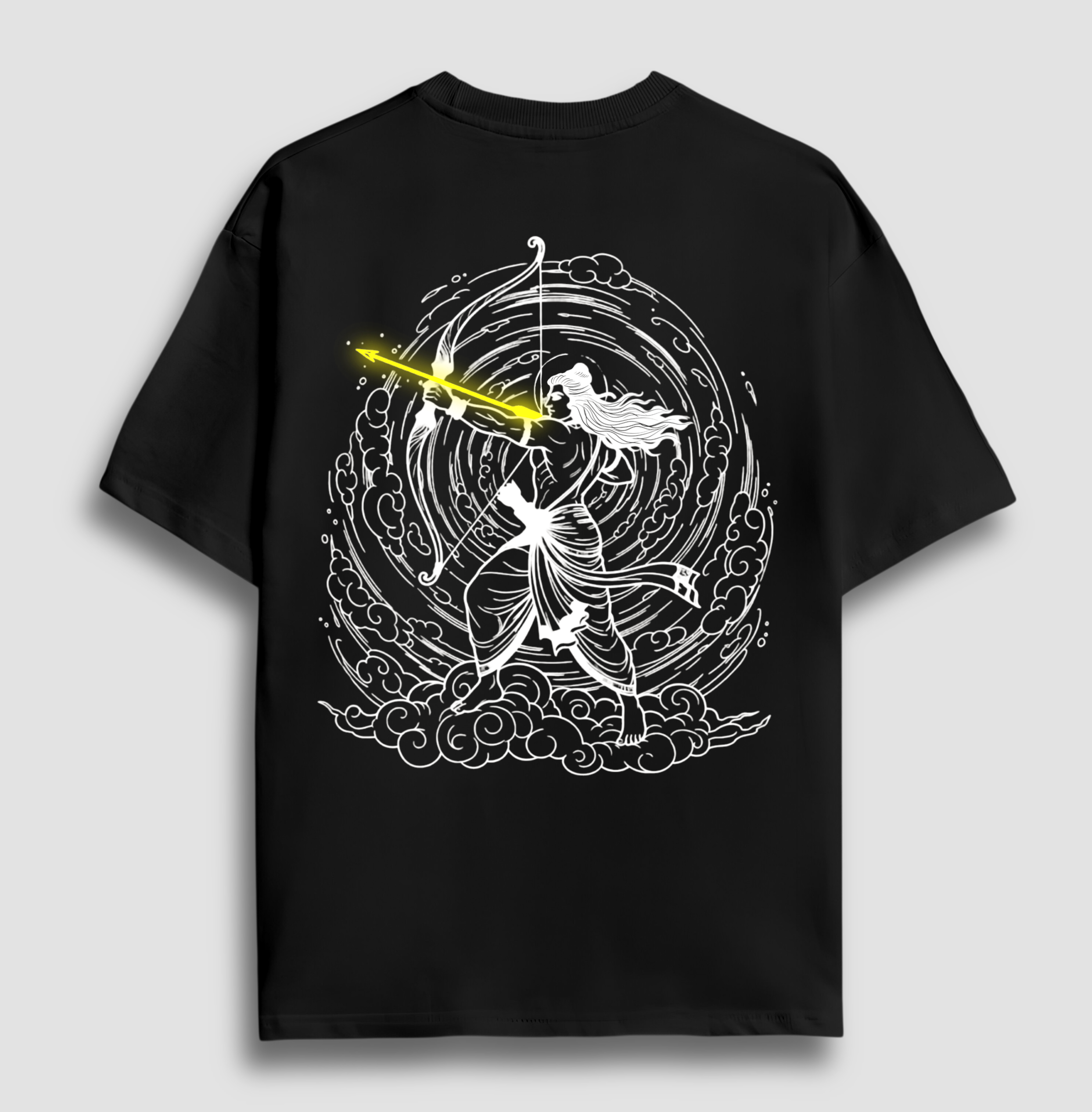 Ramayana T-shirt
Black t-shirt with white graphic design on a gray background
shree ram tshirt, oversize 100% cotton
