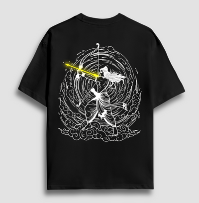 Ramayana T-shirt
Black t-shirt with white graphic design on a gray background
shree ram tshirt, oversize 100% cotton
