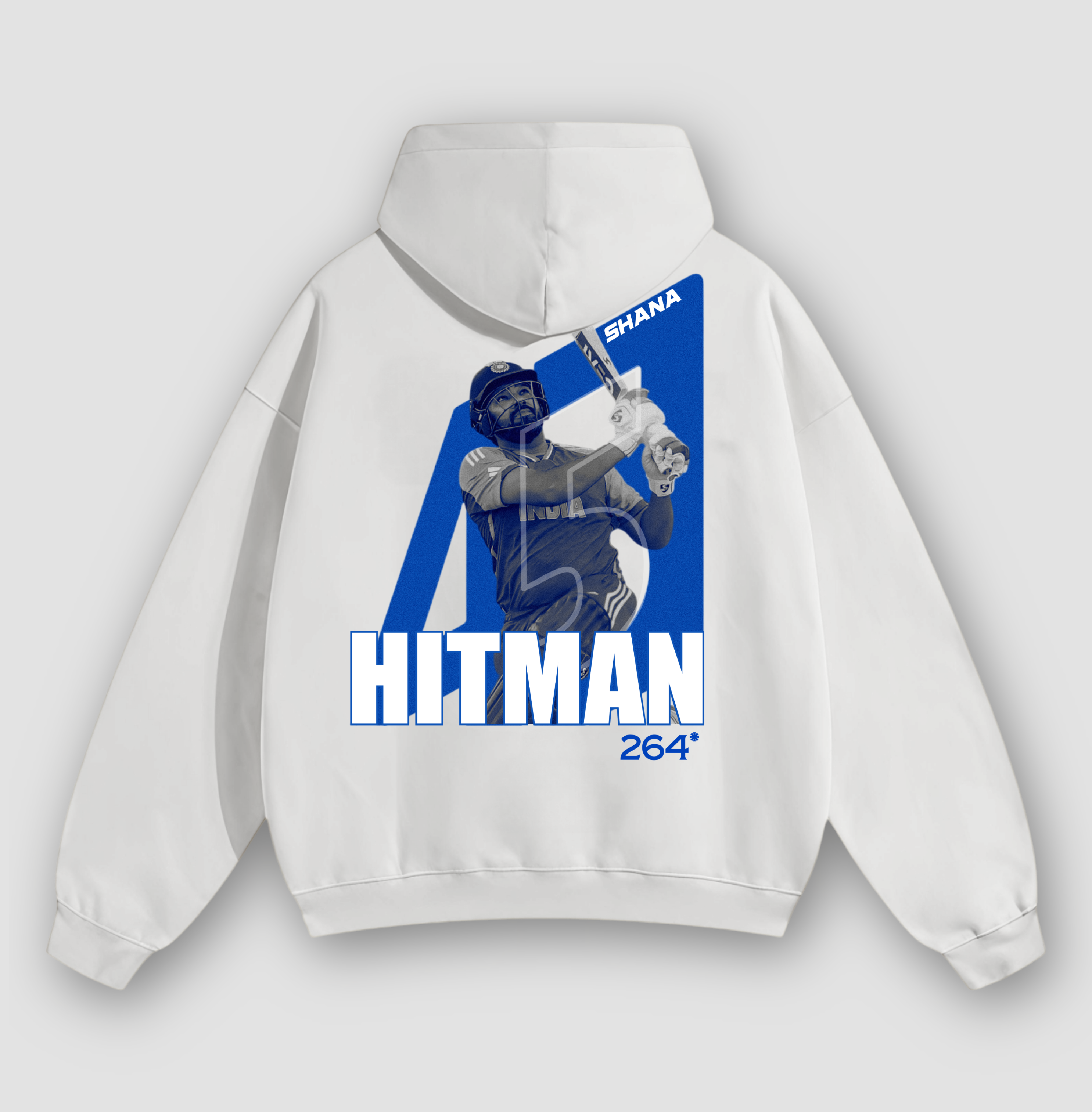 White hoodie with a graphic of a Rohit Sharma and text on the back against a light gray background