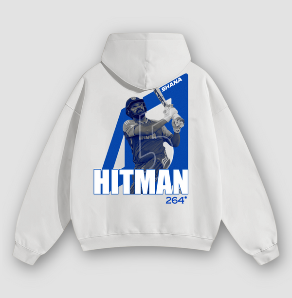 White hoodie with a graphic of a Rohit Sharma and text on the back against a light gray background